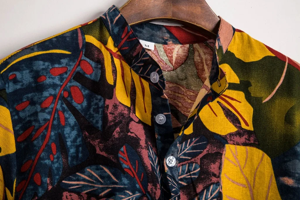 Мужская Этническая Повседневная гавайская рубашка с коротким рукавом из хлопка и льна с принтом, новинка, модная мужская рубашка с коротким рукавом и принтом