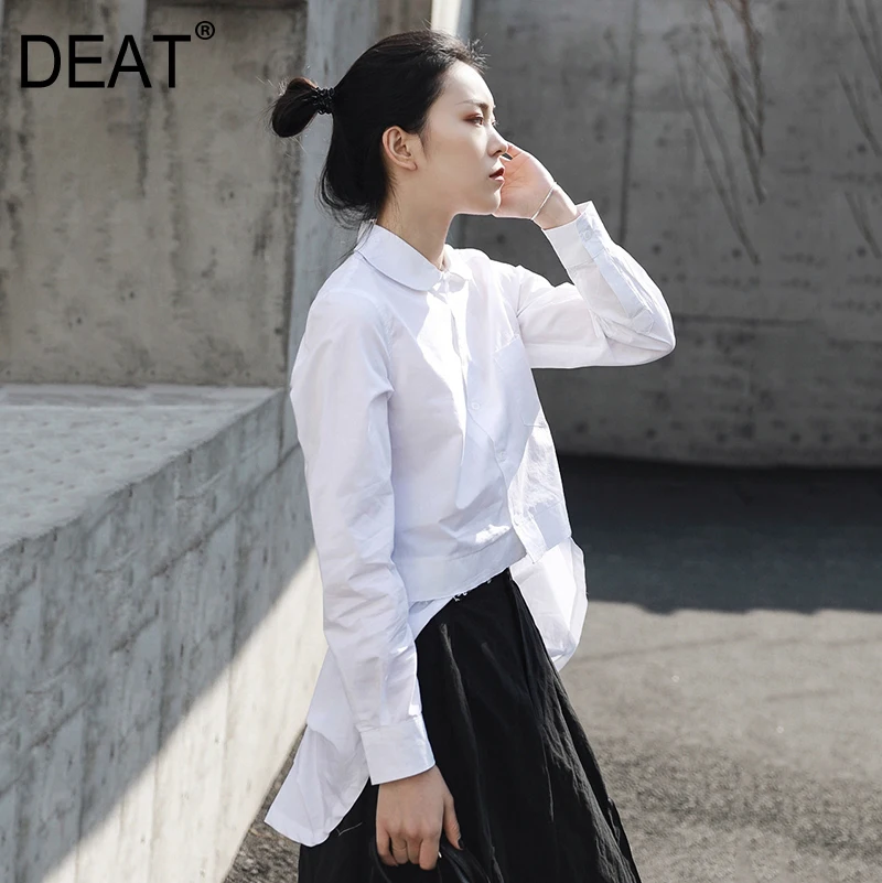 

[DEAT] 2019 New Spring Summer Lapel Long Sleeve White Back Irregular Split Joint Personality Shirt Women Blouse Fashion JR39