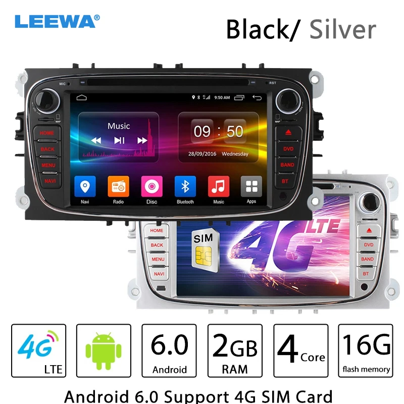 

LEEWA 7" Silver/Black Android 6.0 (64bit) DDR3 2G/16G/4G LTE Quad Core Car DVD GPS Radio Head Unit For Ford Transit Connect