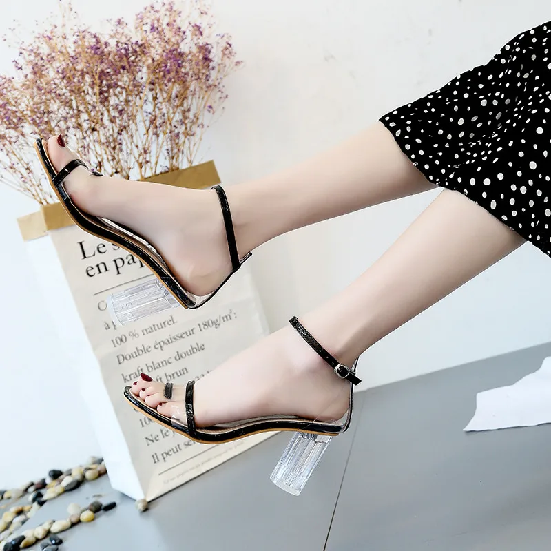 Прозрачные босоножки из пвх; женские прозрачные босоножки на высоком каблуке с открытым носком и кристаллами; шлепанцы; Туфли-лодочки; женская обувь; 7 см