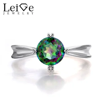 

Leige Jewelry Mystic Topaz Rings Solitaire Gemstone Promise Engagement Rings for Women Rainbow Topaz Round Cut Fine Jewelry