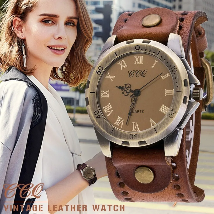 Ccq бренд Винтаж корова кожаный браслет Для мужчин Для женщин наручные часы Повседневное Роскошный Роман Количество Кварцевые часы Relogio