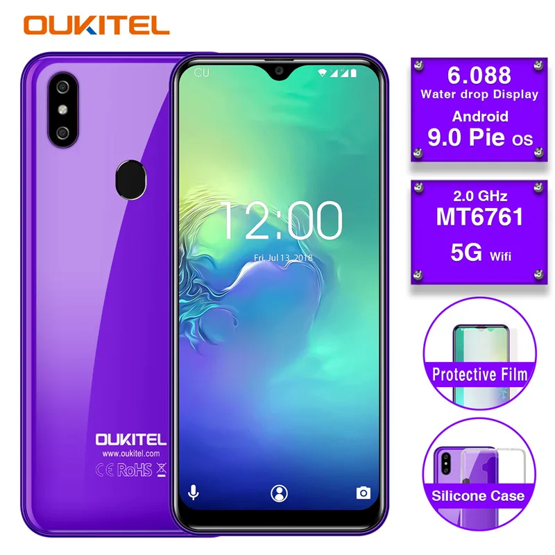 OUKITEL C15 Pro 2 ГБ 16 ГБ Android 9,0 мобильный телефон MT6761 отпечаток пальца лица ID 4G LTE смартфон 2,4G/5G WiFi Капля воды экран - Цвет: Purple