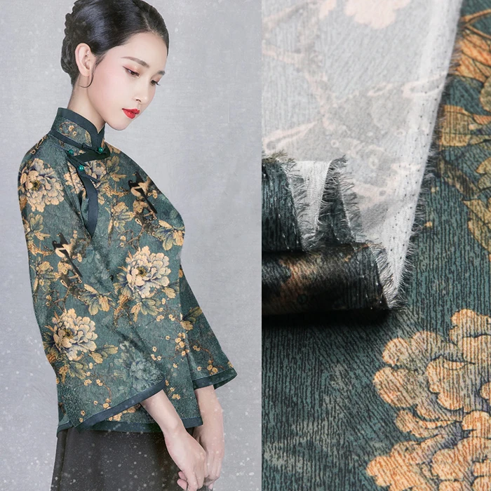 

118CM Wide 19MM 93% Silk & 7% Spandex Brown Floral Stretch Blue Silk Satin Fabric for Summer Dress Clothes Cheongsam D903