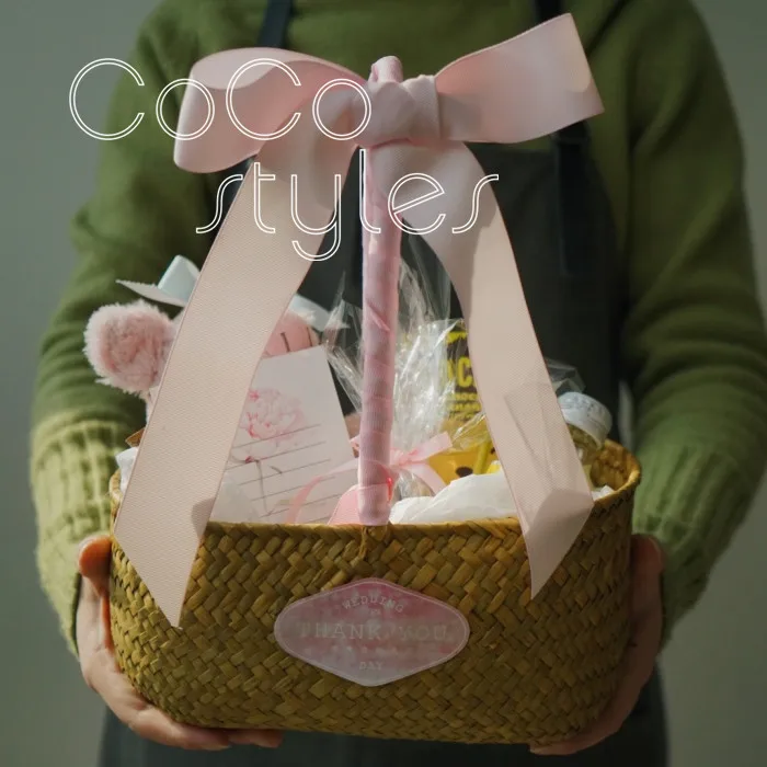 

Cocostyles bespoke blank rustic woven basket with tag and ribbon for wedding gift basket
