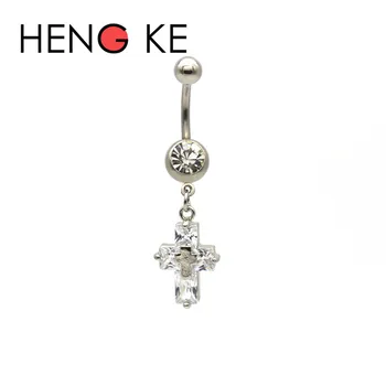 

3A Zircon Crystal Cross belly button rings Clear CZ Gem surgical steel Body Jewelry Sexy Navel Piercing Belly Bar Women