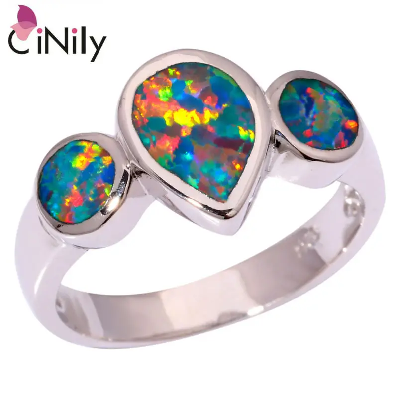 

Created Rainbow Fire Opal Silver Plated Ring Wholesale Retail Hot Sell Fashion Party for Women Jewelry Ring Size 6 7 8 9 OJ8940