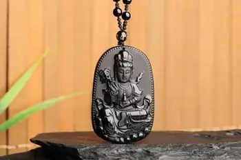 

Koraba Fine Jewelry Natural Black Obsidian Hand Carved Sit Guanyin Amulet Pendant+Rope Necklace Free Shipping