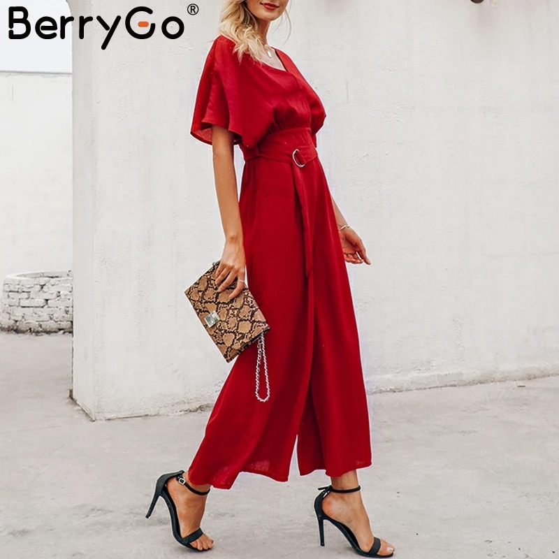 BerryGo красный комбинезон с рюшами на рукавах женский сексуальный глубокий v