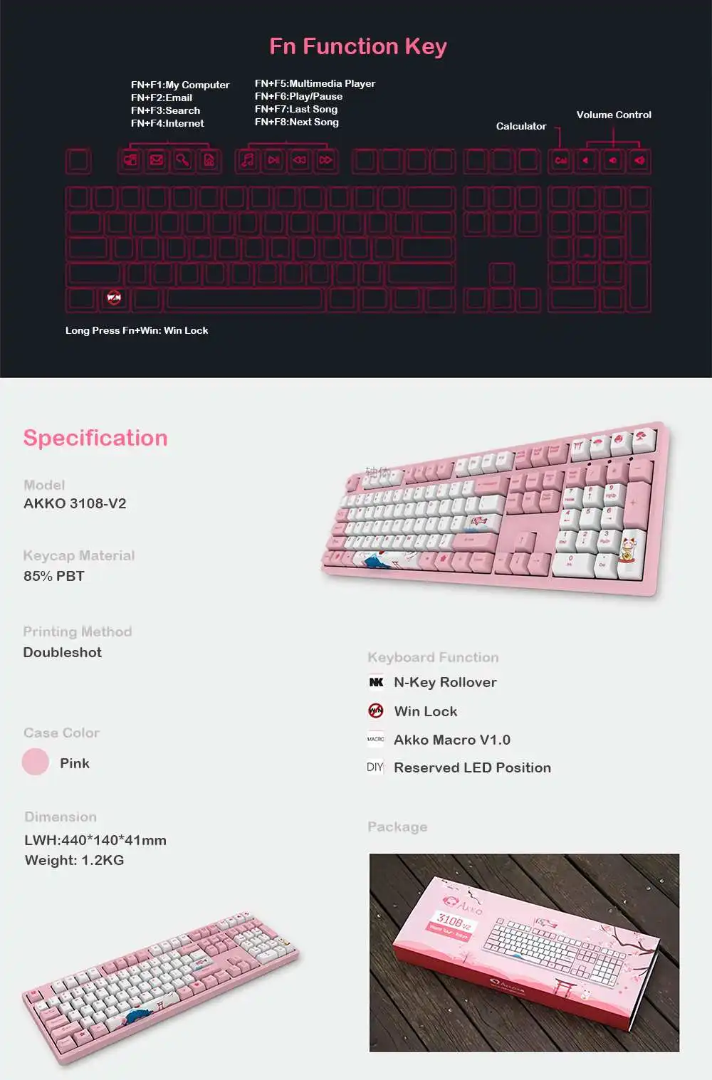 Механическая игровая клавиатура AKKO 3108 V2 108 клавиша PBT Keycap AKKO Розовый Переключатель тип-c Проводная Механическая игровая клавиатура