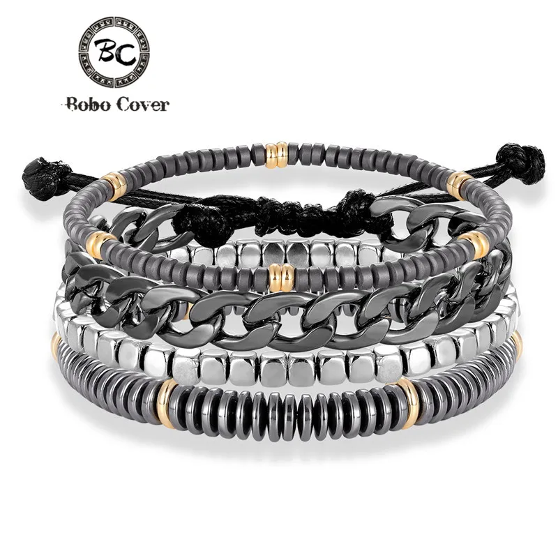 

Trendy 3/4 pcs Set Natural Matte Hematite Beads Metal Chain Strand Bracelet Men Cross Dumbbell Yoga Charm Bracelet homme Jewelry