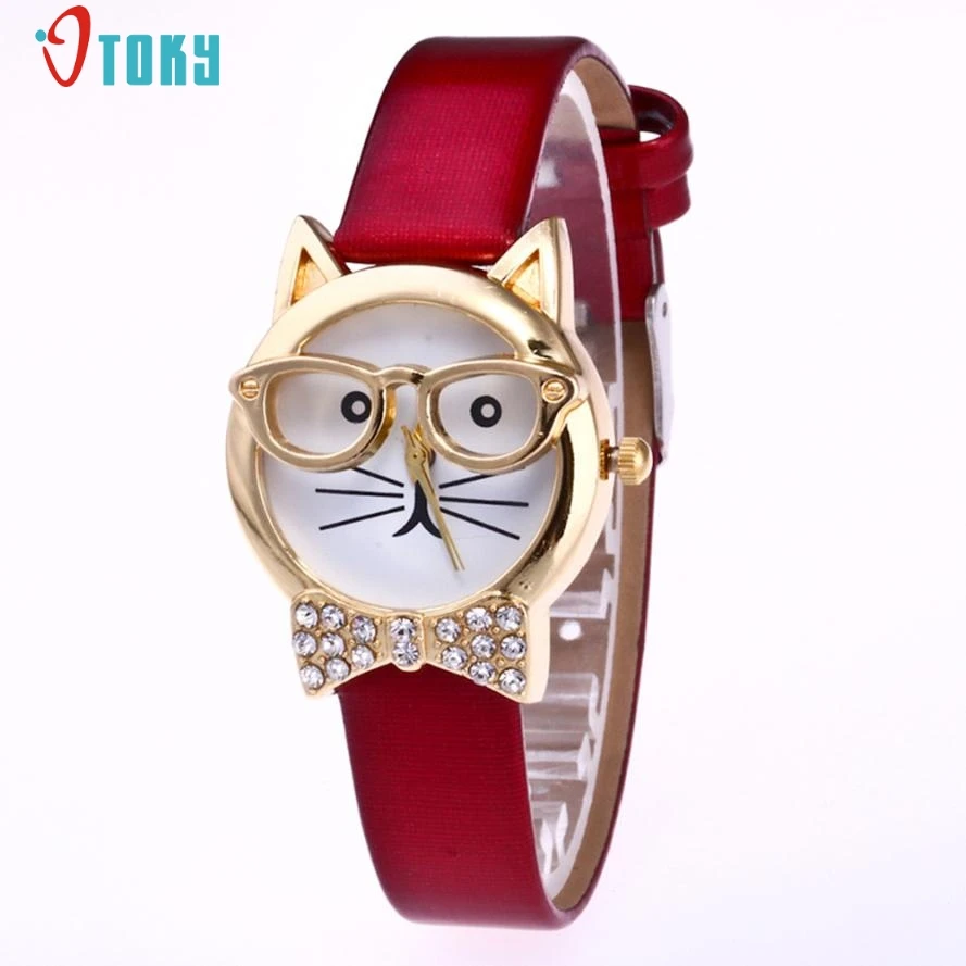 Fashion Cute Glasses Cat font b Women b font Analog Quartz Dial Wrist font b Watch