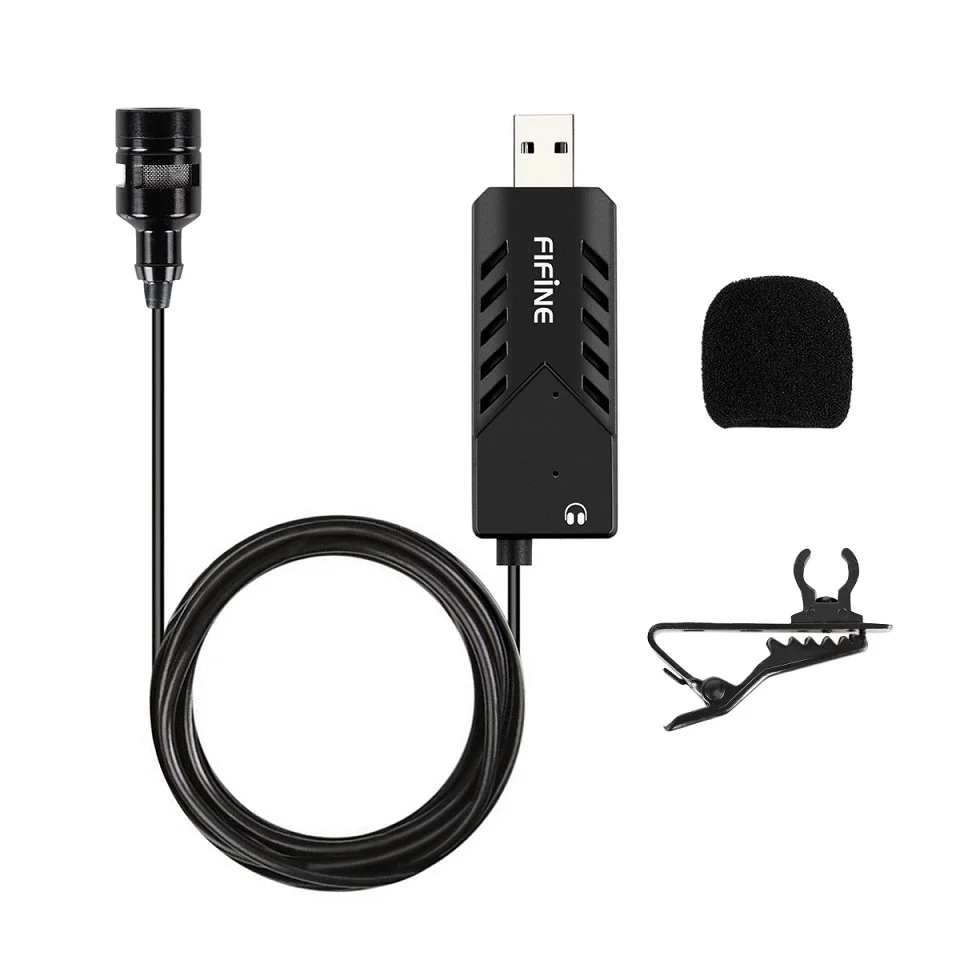 Петличный микрофон FIFINE с USB звуковой картой для ПК и Mac, Клипса-на кардиоидный конденсаторный костюм для онлайн-обучения класса встречи - Цвет: Черный