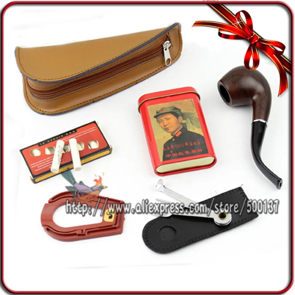 

FIREDOG 6-in-1 Classic Smoking Pipe Set 9mm Bigben Filter+ Cleaning Tool+Tobacco Tin box+Genuine Leather Pipe Bag Pouch