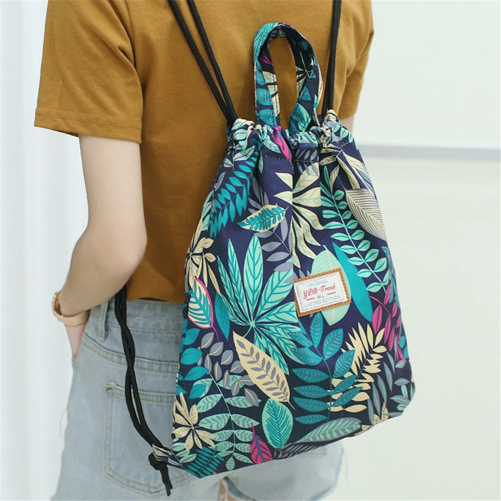 

Print bouquet pocket DrawString backpack female travel waterproof lightweight fitness rucksack sports bag