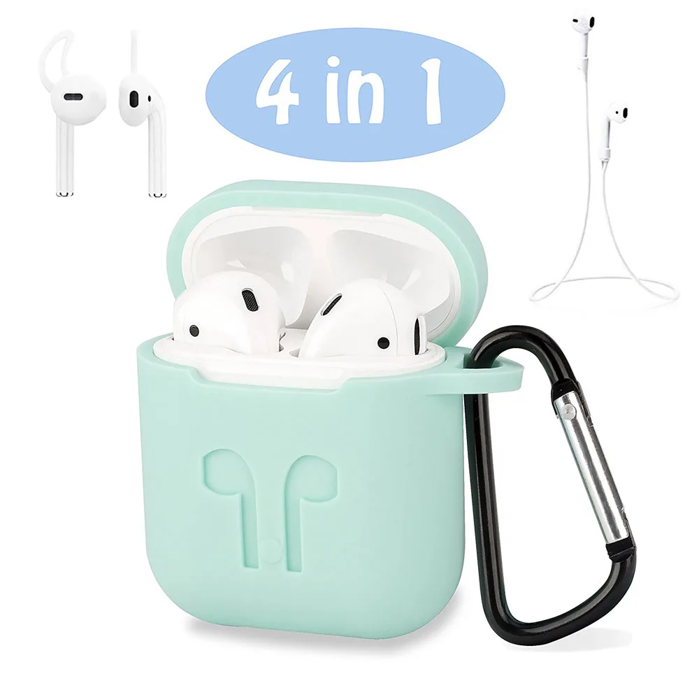 

4In1 Silicone Storage Box+Anti-lost Ear Phone Strap+Headphone Cover Hooks+Carabiner Lock Charging Bottom Case For Apple AirPods