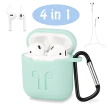 Caja de almacenamiento de silicona 4 en 1 + correa antipérdida para teléfono + ganchos para auriculares + cubierta inferior de carga de mosquetón para AirPods de Apple