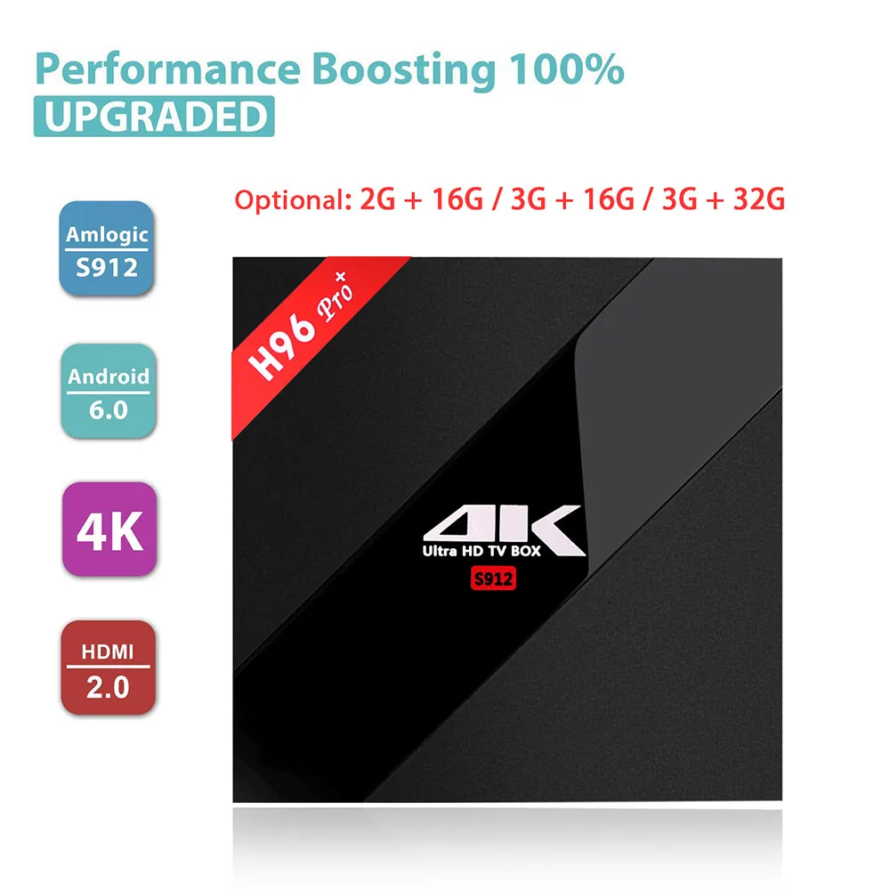 

H96 Pro+ Smart Android 6.0 TV Box Amlogic S912 Octa Core CPU Set-top Boxes OS BT 4.1 2.4GHz 5.0GHz WiFi 4K 3D Video Media Player