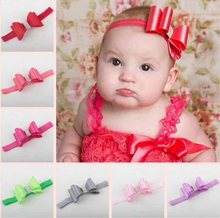 Kid Satin Hard Hair Bows kid Headband Rhinestone Bow Headbandkids