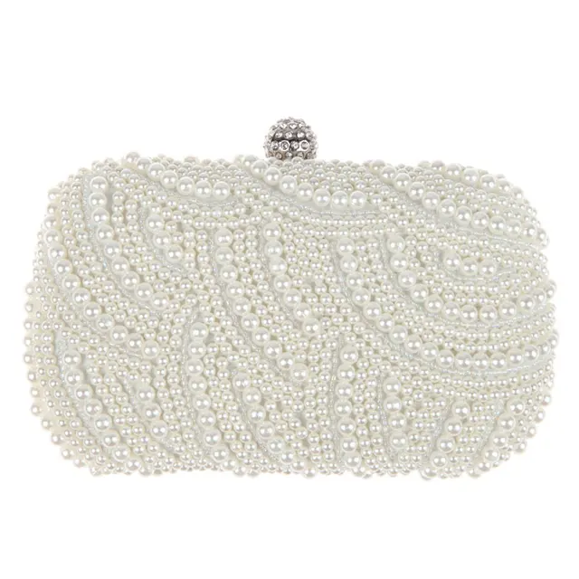 Oval Shaped Pearl Beaded Handbag Women White Clutch Bag Elegant Long Oval Shaped Pearl Beaded Handbag Women White Clutch Bag Elegant Long Chain Shoulder Handbags Wedding Bridal