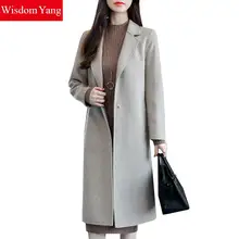 Cinzento elegante Casaco de Inverno Casacos de Lã de Ovelha Ocasional Coreano Mulheres Xlong 2018 Botão de lã Fino Casaco De Lã Senhoras Outerwear Feminino(China)