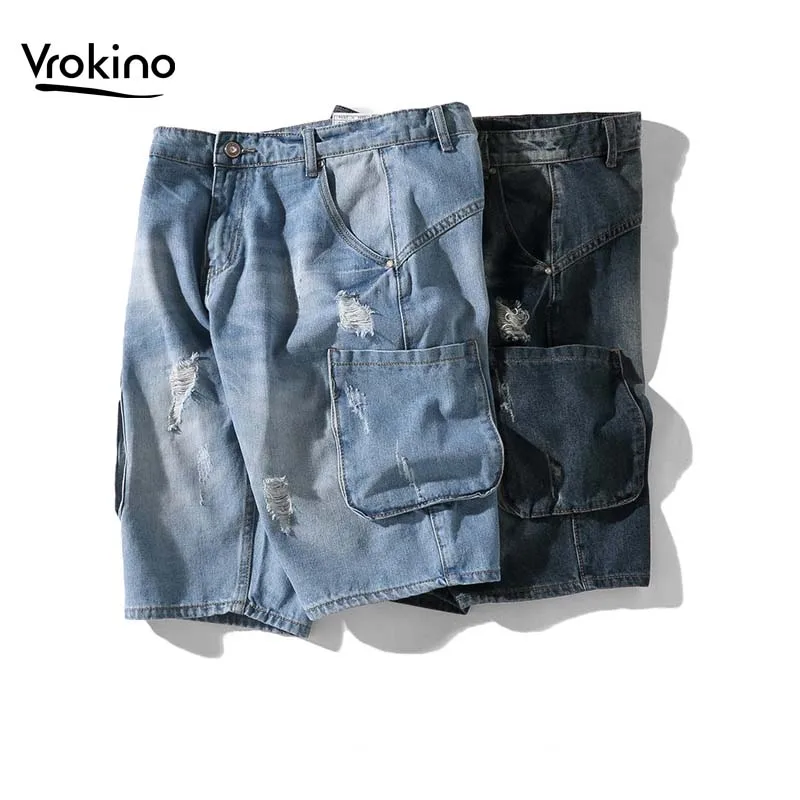 Летние новые мужские повседневные винтажные джинсовые шорты с дырками модные с несколькими карманами темно-синие светло-синие джинсы брендовая мужская одежда