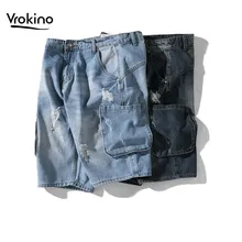 Летние новые мужские повседневные винтажные джинсовые шорты с дырками модные с несколькими карманами темно-синие светло-синие джинсы брендовая мужская одежда