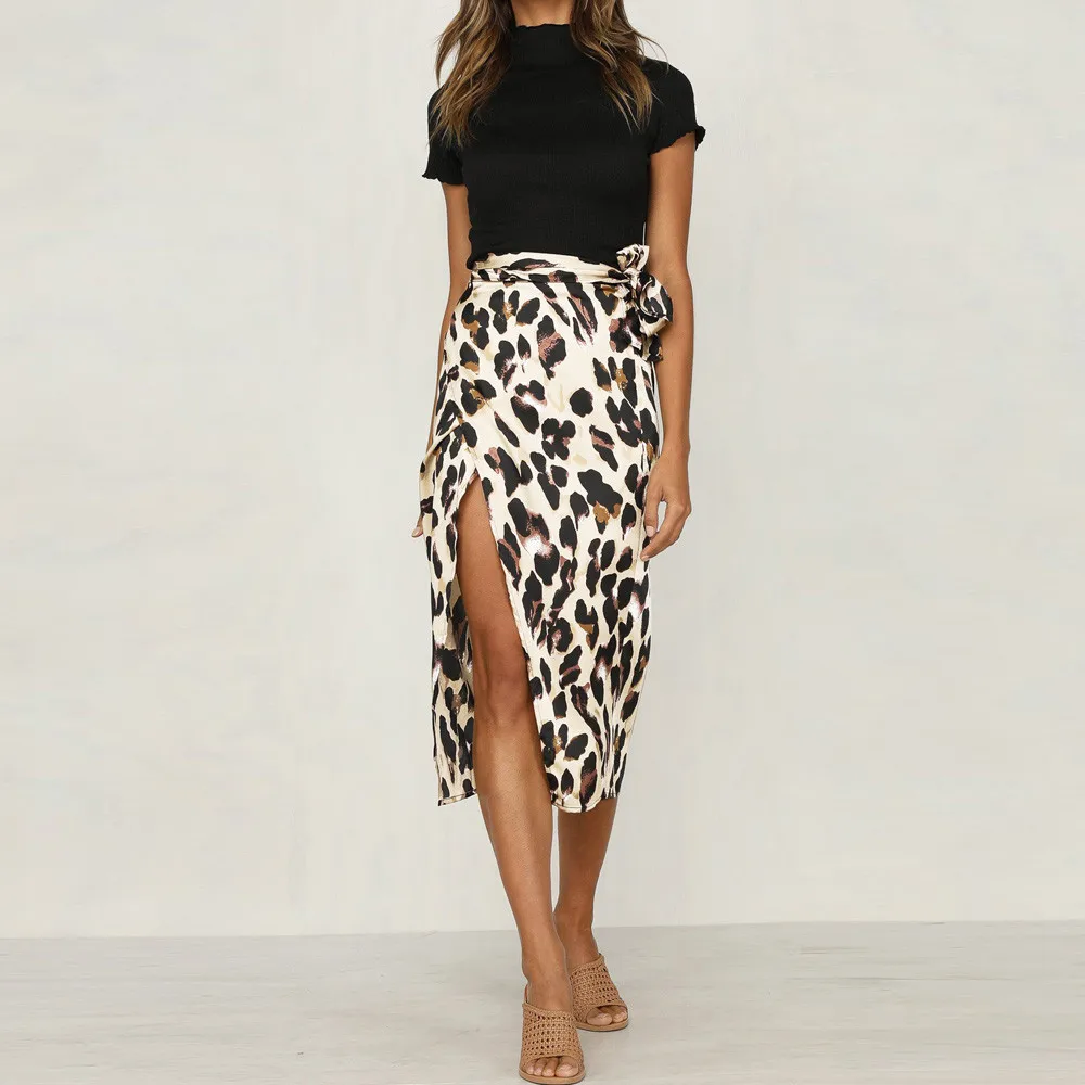 

Newest Women Chiffon Leopard Print Maxi Skirt Ladies High Waisted Summer Long Skirts Split Bandage Evening Party Skirt f763