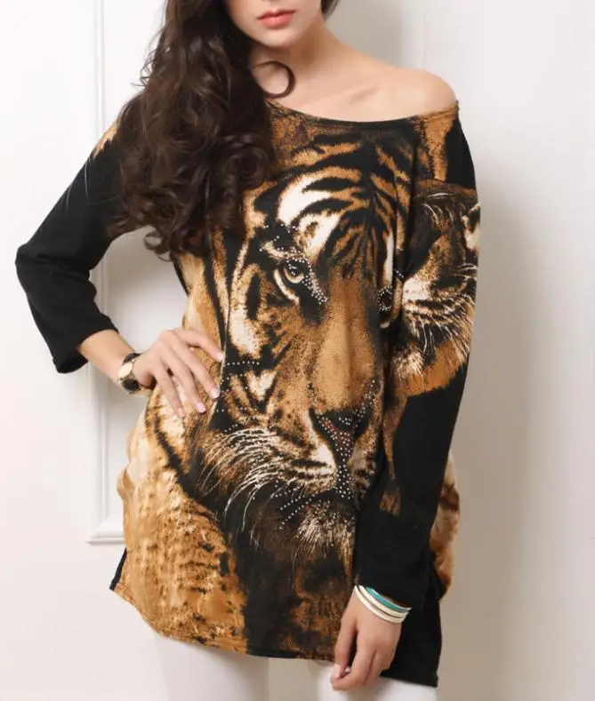 novelty design tiger head pattern t shirt for women American ladies fashion trend animal print