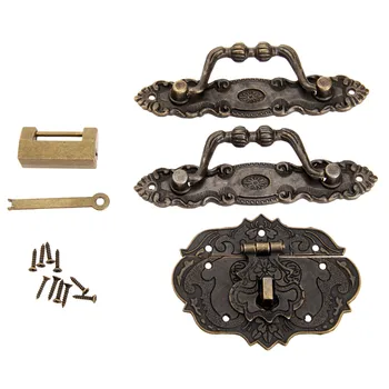 

2Pc Furniture Cabinet Pull Handle+1Pc Antique Bronze Jewelry Box Chinese Old Lock+1Pc Box Latch Hasp Retro Hardware Accessories