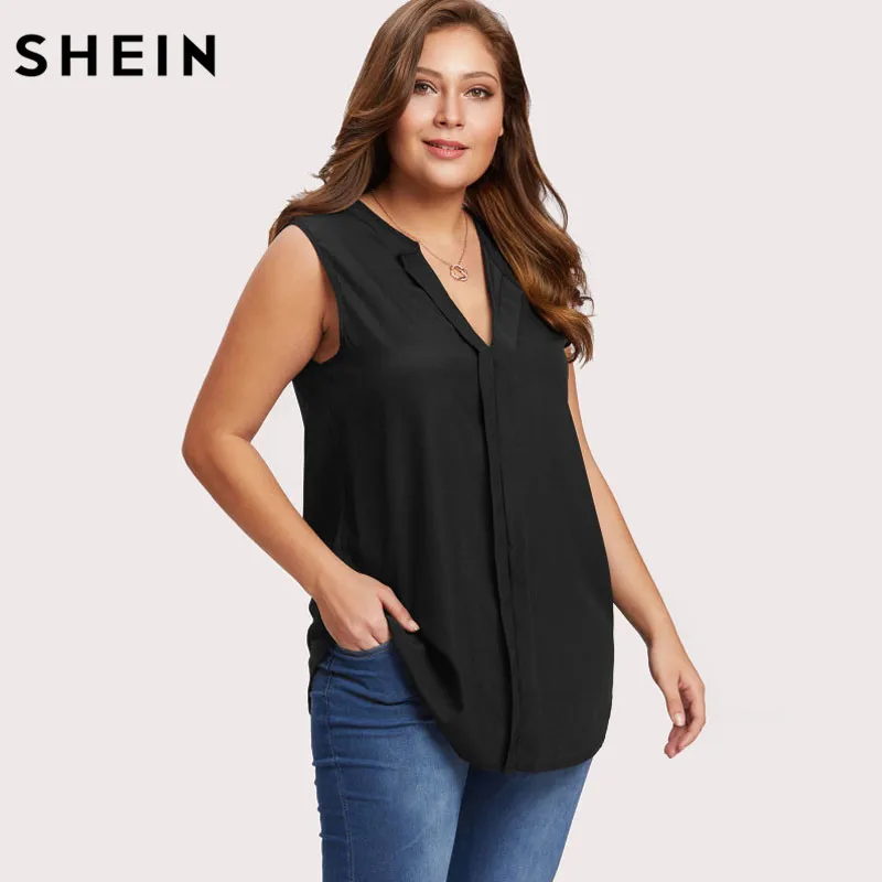 Buy SHEIN Plus Size Chiffon Blouse Summer Black Casual