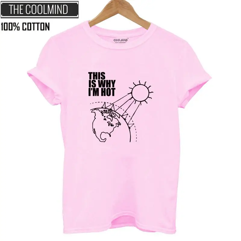 COOLMIND QI0253B Хлопковая женская футболка с коротким рукавом и принтом, Повседневная футболка с круглым вырезом, женская летняя свободная футболка, топы, футболка - Цвет: QI0253B-PINK