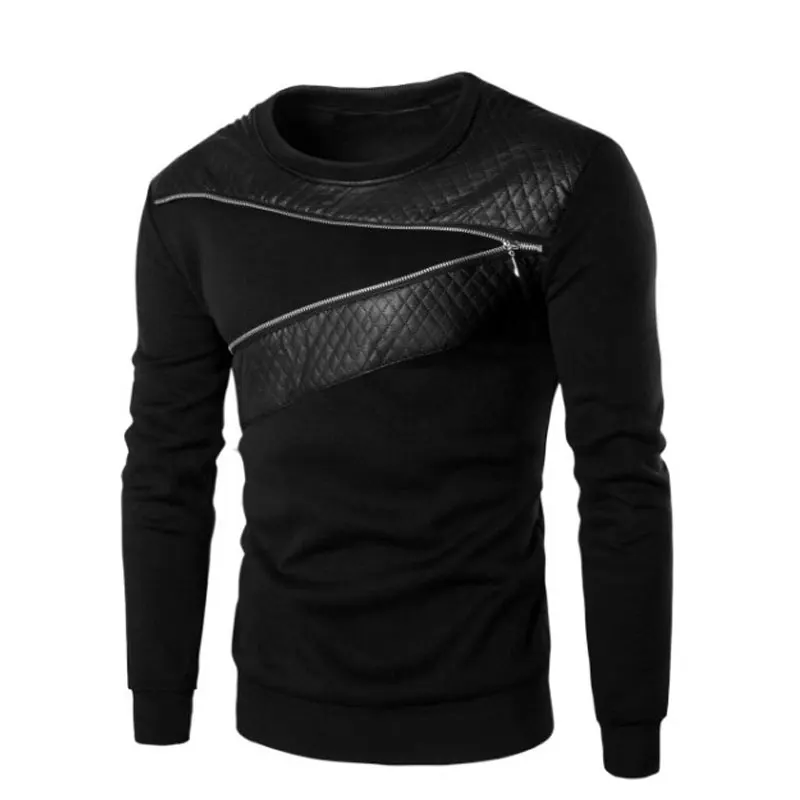 Leather Patchwork Black Hoodies Men Zipper Male Pullover
