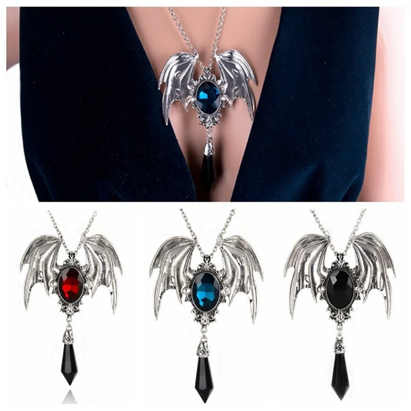 

High Quality Charm Jewelry Black/Red/Blue Necklace Pendant Bat Spike Silver Thrones Punk Gothic Rockabilly Gift QDD9323