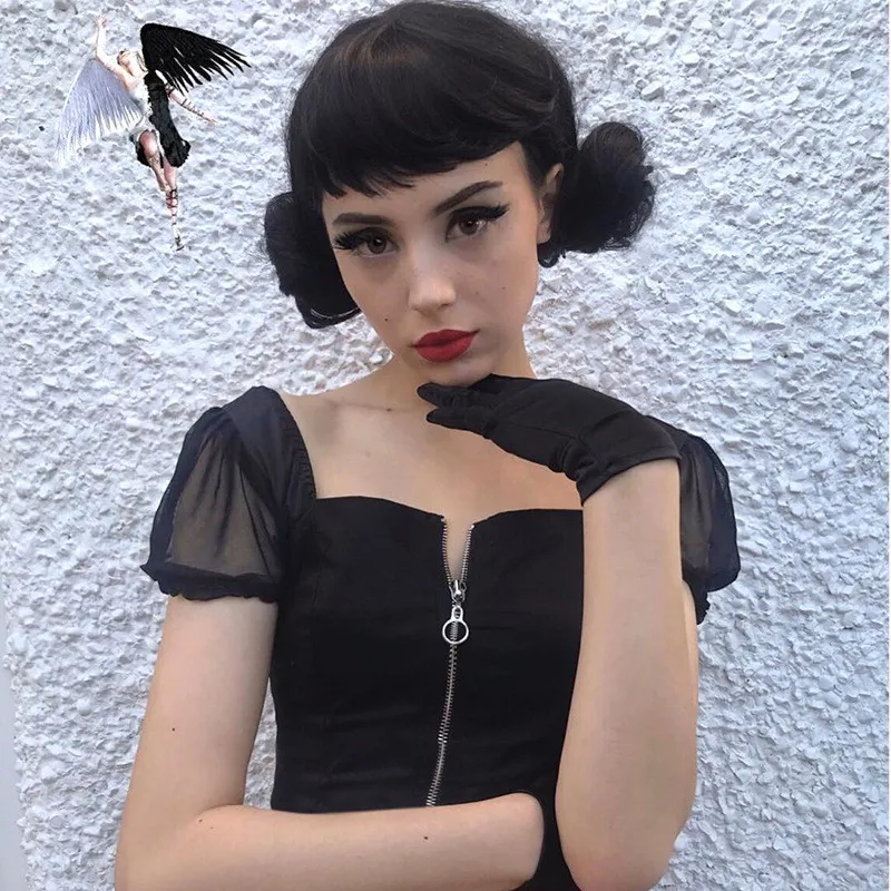 

T-Shirts For Women Fashion Solid Crop Top Tshirt Short Sleeve Harajuku Zipper Mesh Hollow Out Halter Gothic Lace Up T-shirt
