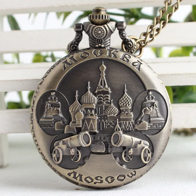

Retro Carving Mosoow Steampunk Quartz Pocket Watch Retro Bronze Women Men Necklace Pendant Clock with Chain XH3022