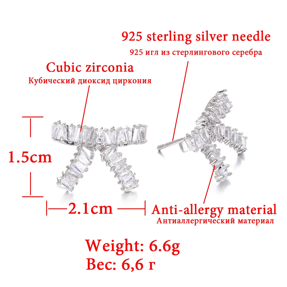 Мода Серебряный цвет AAA кубический циркон бантом Серьги-гвоздики для Для женщин корейский стиль Свадебная вечеринка ювелирных аксессуаров дропшиппинг