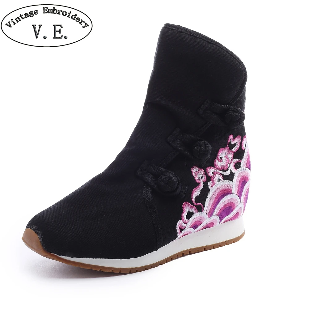 

Vintage Embroidery Winter Warm Fur Women Short Ankle Boots Wave Embroidered Canvas Shoes Woman Wedges Platform Booties Shoes