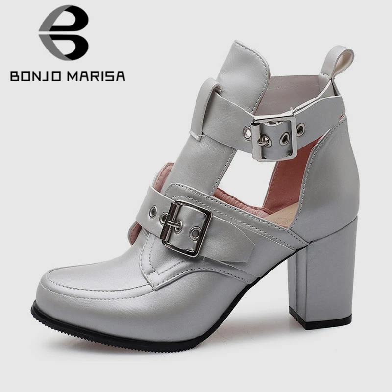 

BONJOMARISA New Fashion Big Size 32-43 Belt Buckle Hollow Ladies High Heel Shoes Woman Casual Party Office Summer Sandals