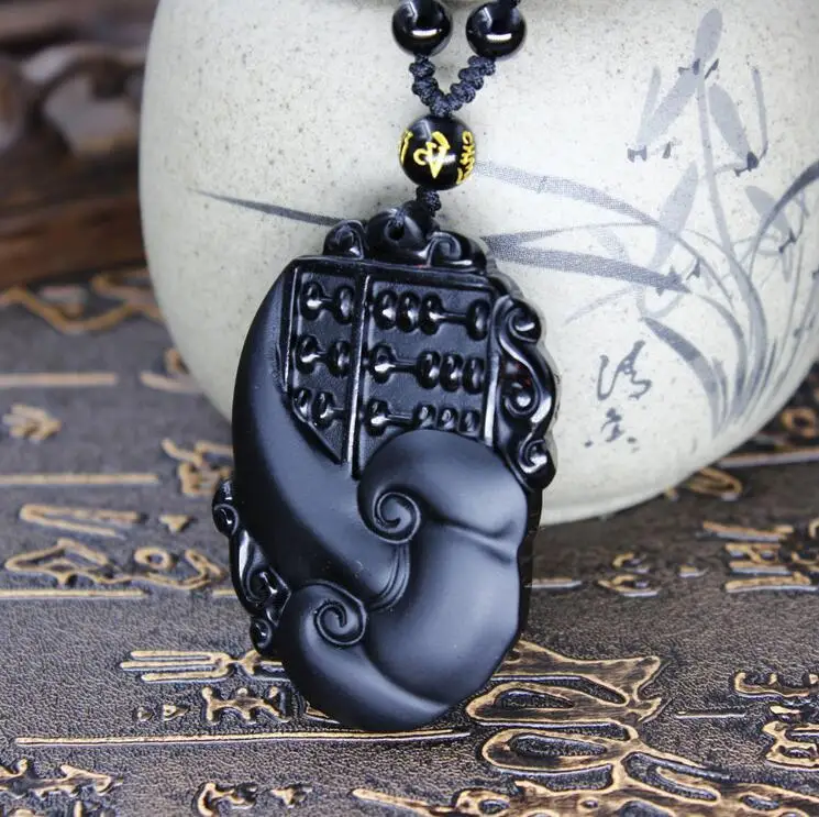 

100% Natural black obsidian energy sculpture ruyi abacus pendant + necklace
