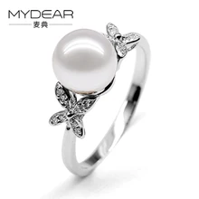 MYDEAR Genuine Pearl Jewelry Women Trendy Exquisite Butterfly Shape Rings Real 9-10mm White Glossy Freshwater Pearls Rings