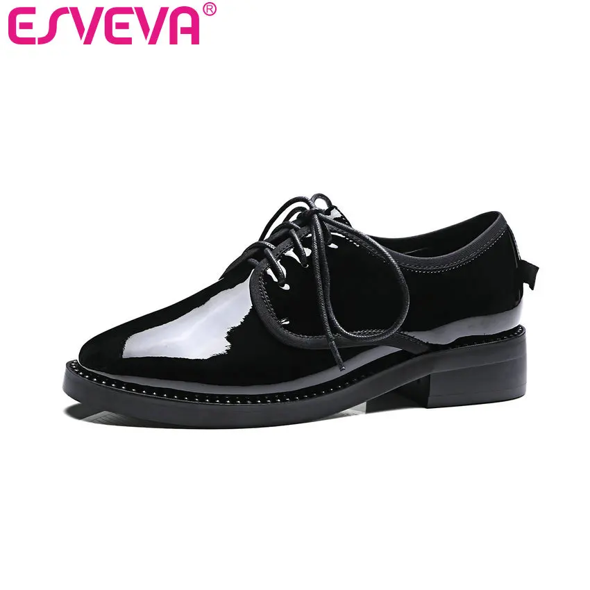 

ESVEVA 2017 Square Low Heel Woman Pumps Patent Leather Spring Autumn Party Shoes Women Lace Up Black Casual Shoes Big Size 34-43