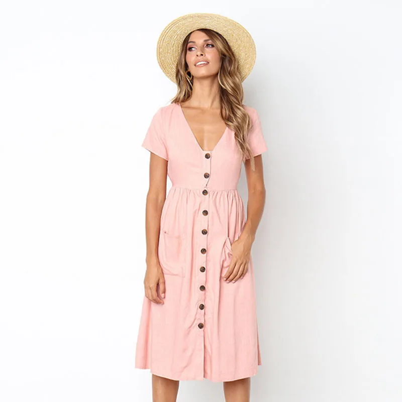 

2019 Spring New European and American Elegant Temperament Round Neck Long-sleeved Solid Color Cotton and Linen Dress Female