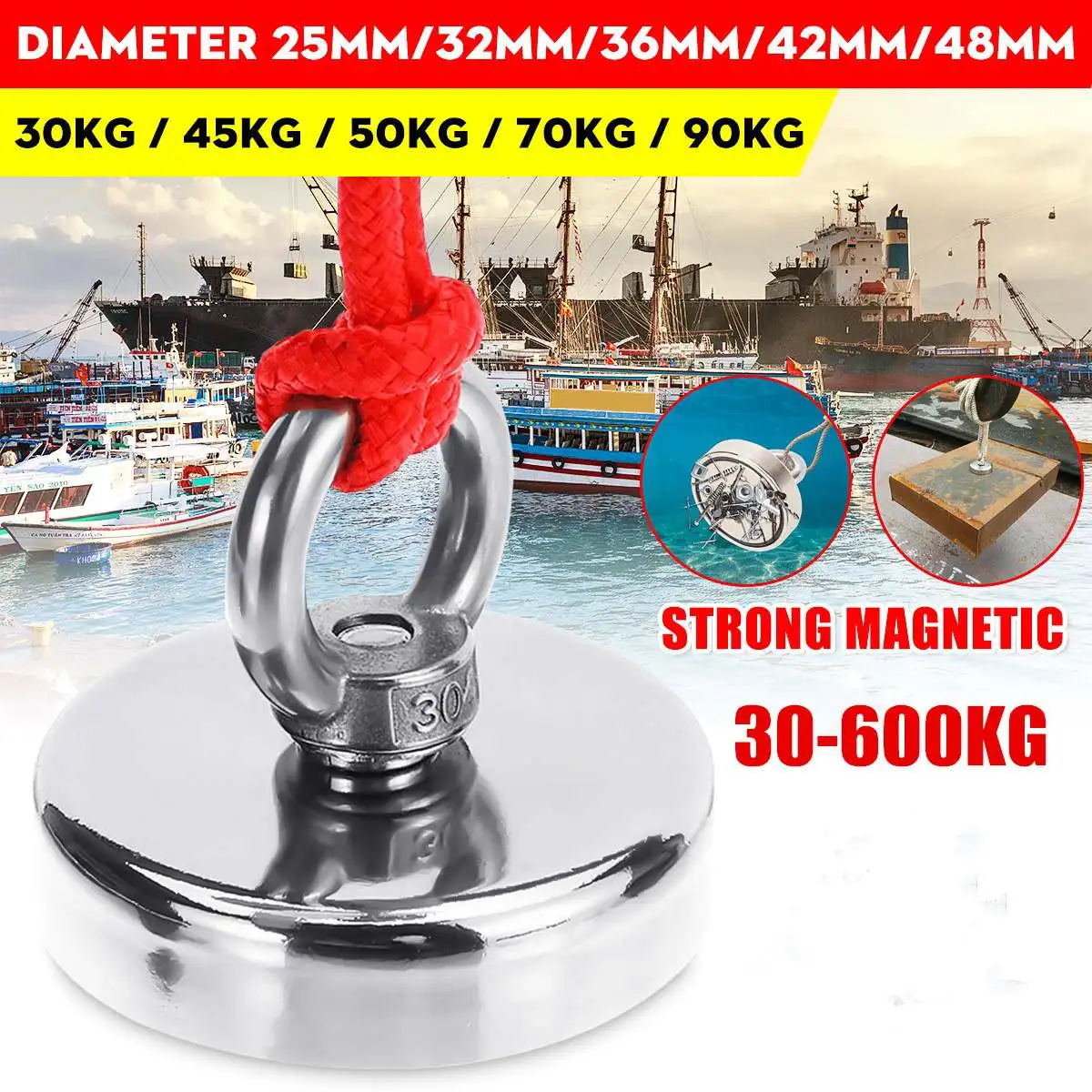 

D120mm 600kg Strong Salvage Neodymium Magnet Fishing Deep Sea Salvage Retrieving Treasure Hunting Magnet with Gloves