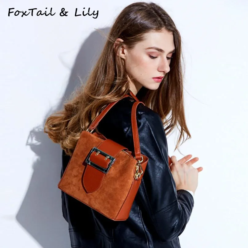 

FoxTail & Lily Brand Fashion Female Shoulder Bag Nubuck Genuine Leather Women Bucket Handbags Vintage Messenger Crossbody Bags