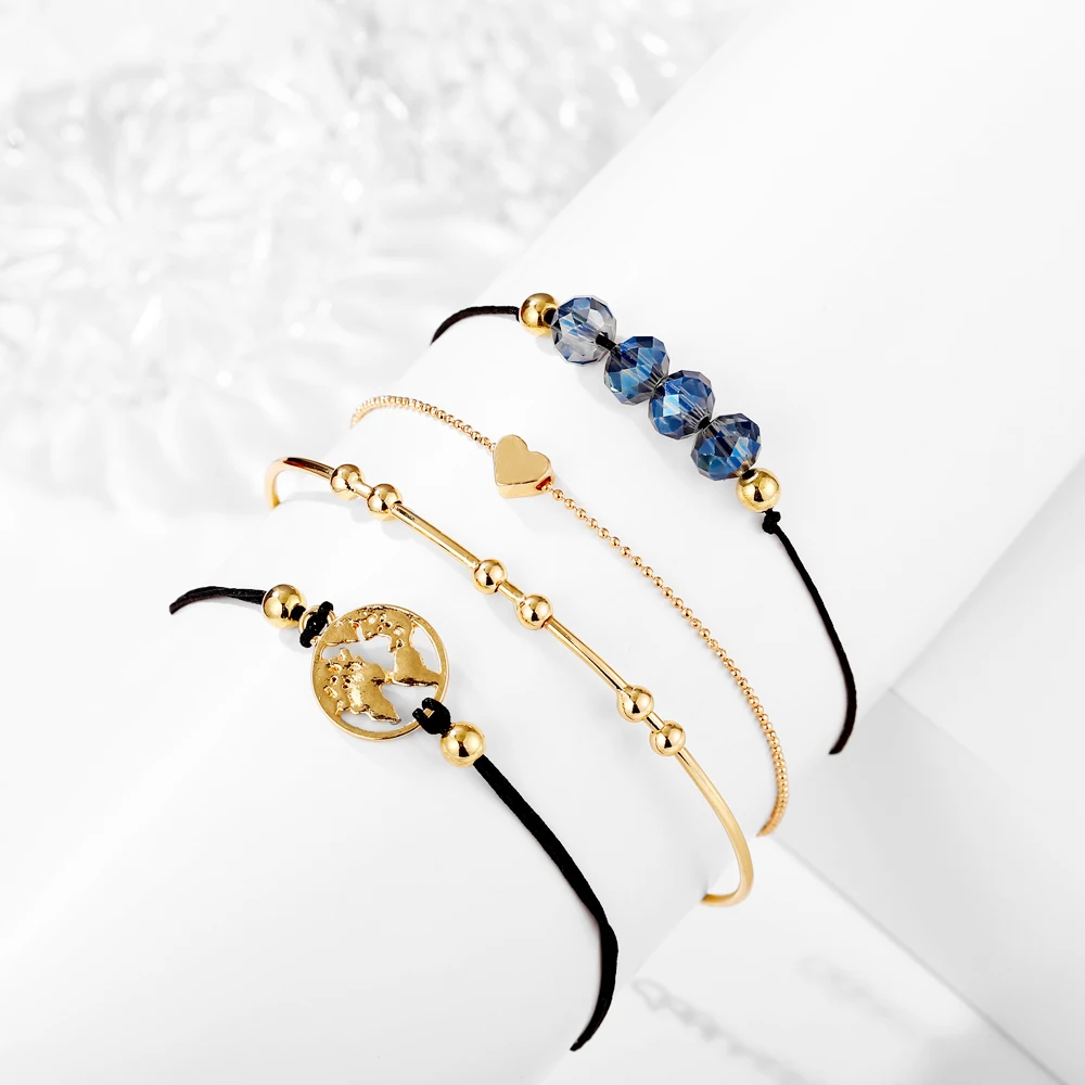 

LuxJuly Female Bracelet Set Open Bangle Crystal Beaded Wristlet Heartshape Knitted Bracelet Gold Color