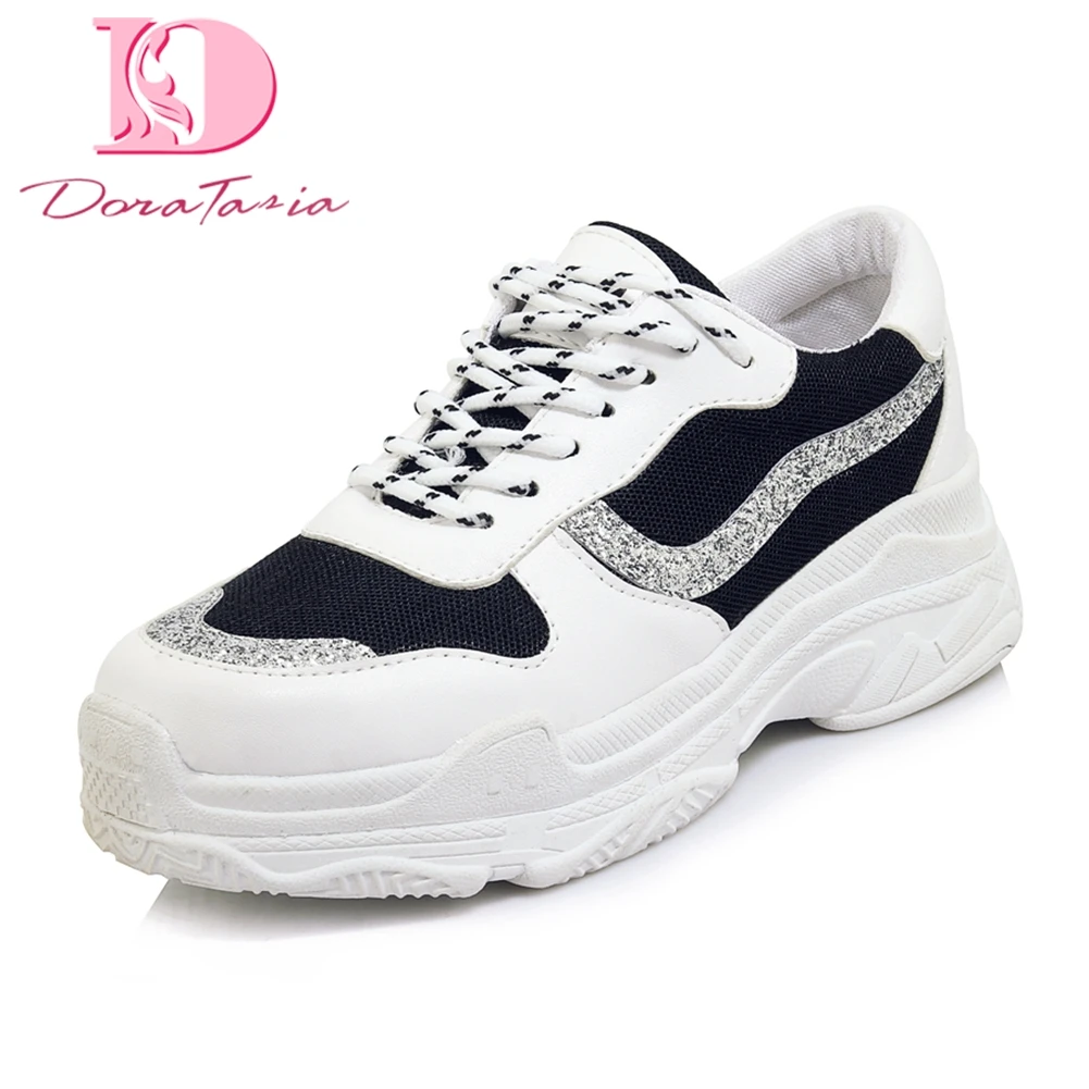 DoraTasia 2018 Large Size 29-46 Lace Up Dropship Women Boots Woman Shoes Lace Up White Black Vulcanize Shoes sneakers Woman black lace up