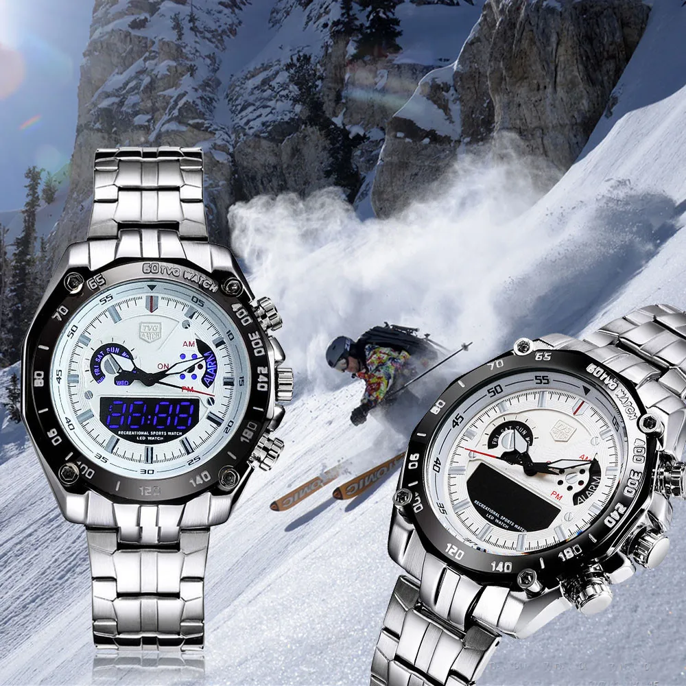 TVG модные часы с двойным временем светящиеся цифровые часы высокого качества из нержавеющей стали мужские наручные часы водонепроницаемые спортивные Relogio Masculino
