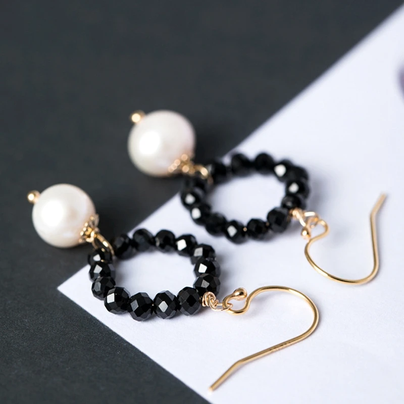 

14K gold Black tip Stone pearl earrings pure handmade fashion elements with trendy design elegant drop earrings women jewelry