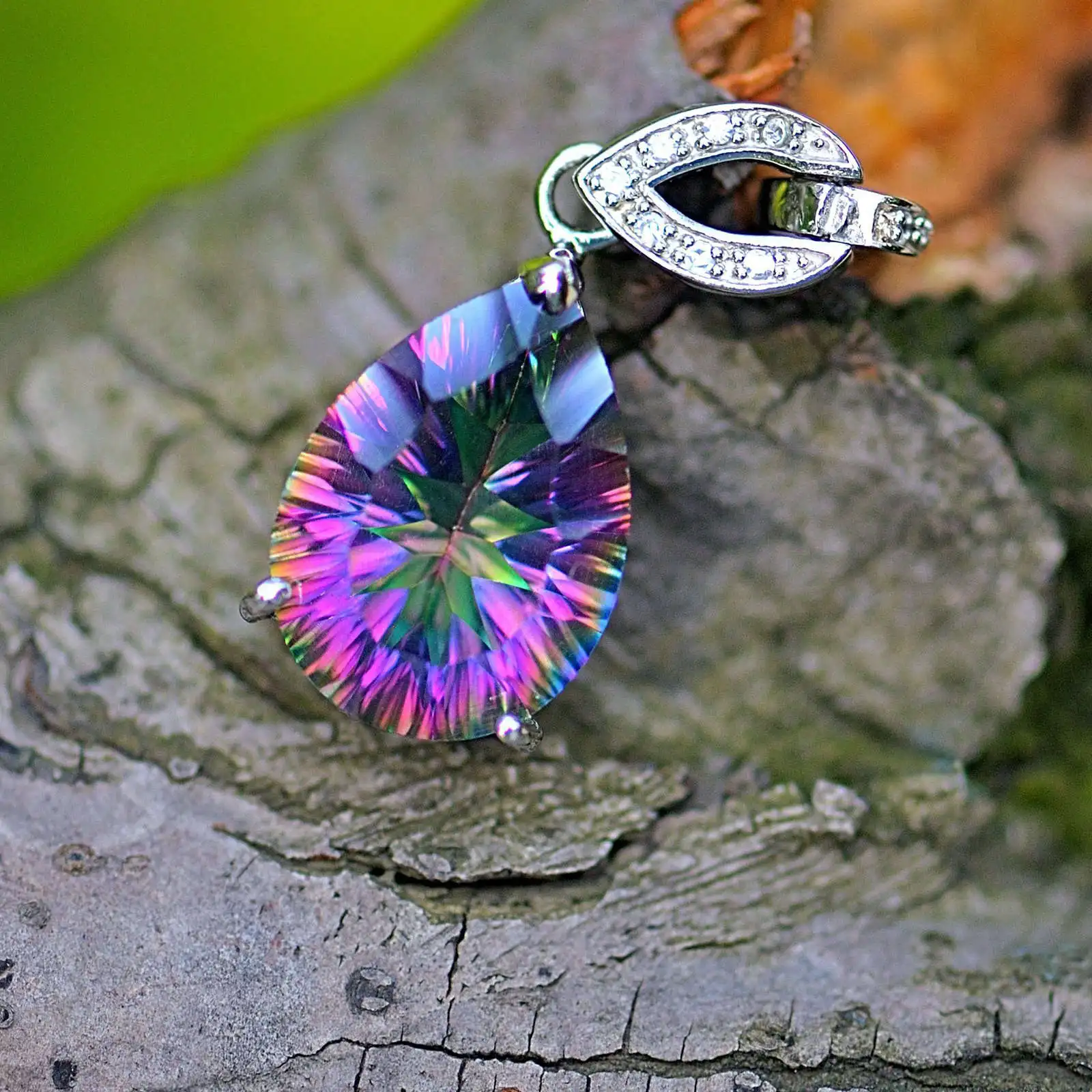 

Vintage Natural Mystic Fire Crystal Sterling Silver Waterdrop Pendant